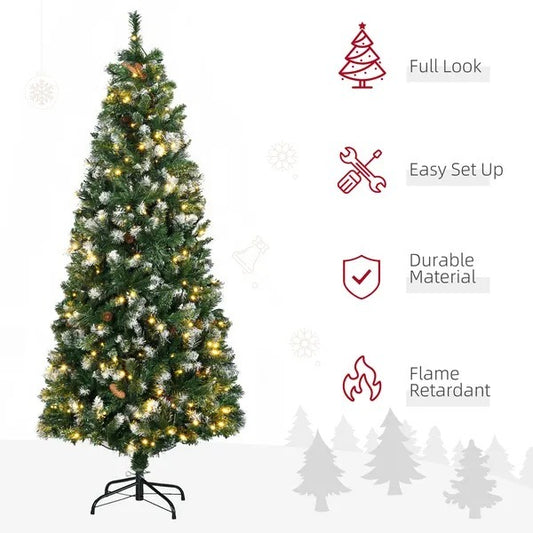 CA Local 6' Decorated Christmas Trees, Skinny Prelit Artificial Christmas Tree With Snow-dipped Branches, Auto Open, Pinecones