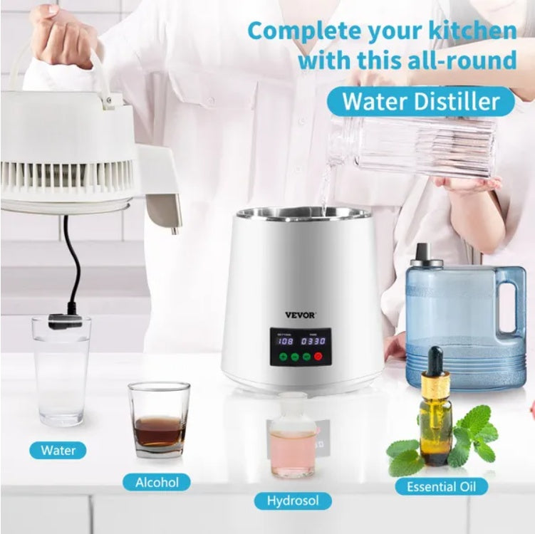 US Local VEVOR 1.1Gal Water Distiller, 0.3Gal H, 750W Distilled Water Maker Machine 0-99H Timing Set Temp Display, 304 Stainless Steel Countertop Distiller Plastic Carafe Cleaning Powder 3 Carbon Packs, White
