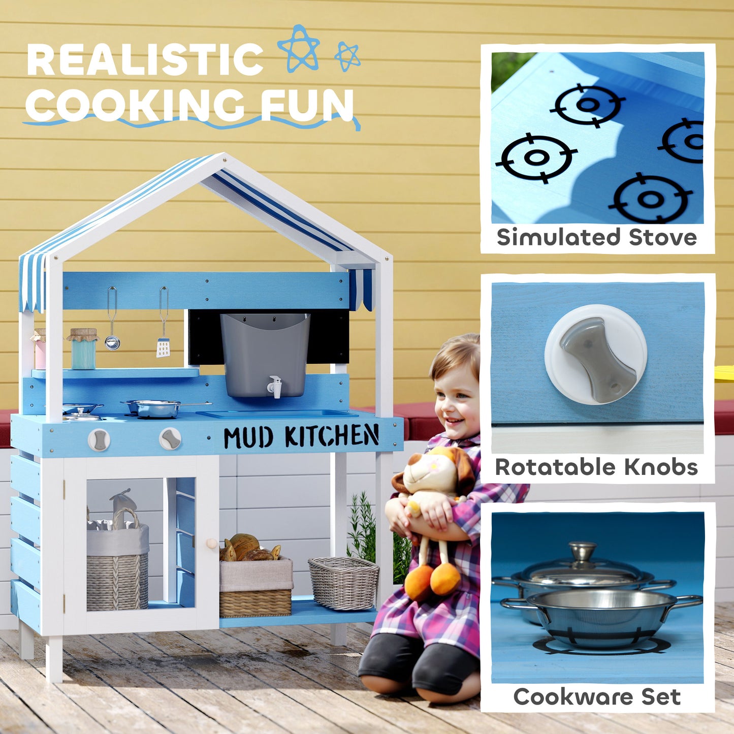 US Local Wooden Mud Kitchen For Kids Outdoor With Sink, Faucet, Water Tank, Storage Shelves, Accessories For Boys And Girls, Blue