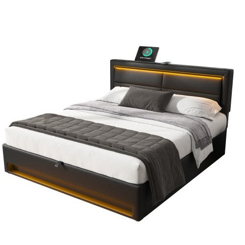 UK Local Upholstered Bed 150 X 200 Cm, King Size Bed-5ft,with USB Port Supports Wireless And Wired Charging, With LED Lighting And Storage Space, Without Mattress, PU Lychee Pattern, Black