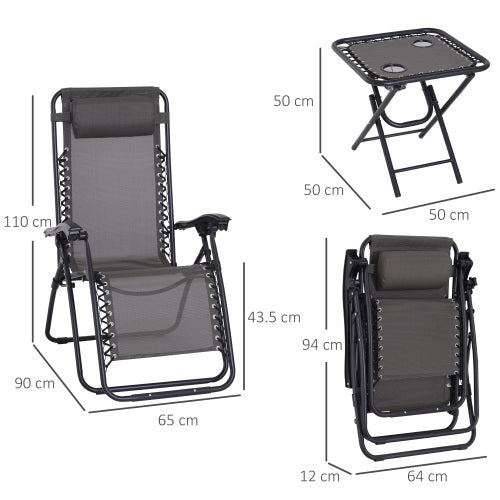 UK Local Outsunny 3pcs Folding Zero Gravity Chairs Sun Lounger Table Set W Cup Holders Reclining Garden Yard Pool, Dark Grey