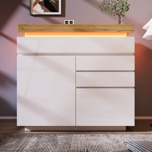 UK Local Chest Of Drawers,High-gloss Sideboard Cabinet With 2 Doors And 3 Drawers,Storage With RGB LED App-controlled,Multi-purpose Cabinet For Living Room And Bedroom, 115 X 110 X 39 Cm, White