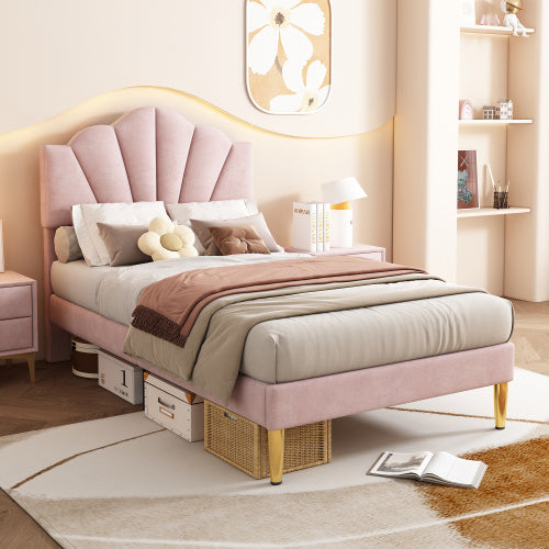 UK Local Velvet Upholstered Bed,Single Bed-3ft 90x190cm, Shell-like Bed With Golden Iron Legs, Height-adjustable Headboard, Wooden Slatted Frame