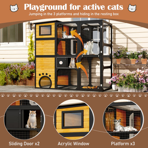 US Local GO Large Cat Catio 4 Tiers Cat Enclosure For Outdoor, Cat House Weatherproof Attached To Window For Multiple Cats With Platforms And Resting Rooms, Brown