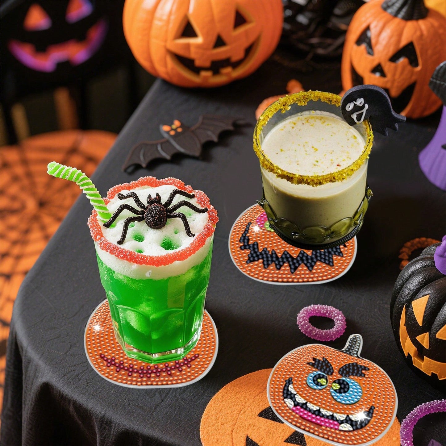 8 Pcs Halloween Pumpkin Diamond Art Coasters With Holder Cartoon Pumpkin Diamond Painting Coasters Autumn DIY Painting Kit Orange Crafts For Thanksgiving Gift