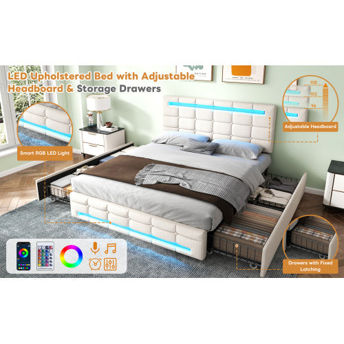 UK Local 4ft6 Double Upholstered Bed With LED Lighting And Storage Drawers, Linen Fabric Storage Bed Frame With Adjustable Button Tufted Headboard, No Box Spring Needed, Easy Assembly, Beige