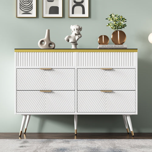 UK Local Sideboard Cabinet Dresser With 6 Drawers,Amber Glass Chest Of Drawers, Compartmentalised Storage,Anti-tip,Dressing Table For Living Room, Hallway, Bedroom, And Children's Room, 120 X 40 X 76 Cm, White