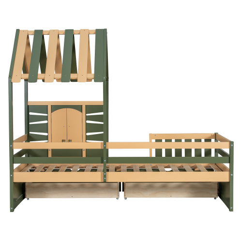UK Local Wooden Bed, Children S Bed, 3ft Single Bed 90x190cm, MDF Pinewood Plywood, Two Storage Drawers, Roof Shape With A Window, Green Natural