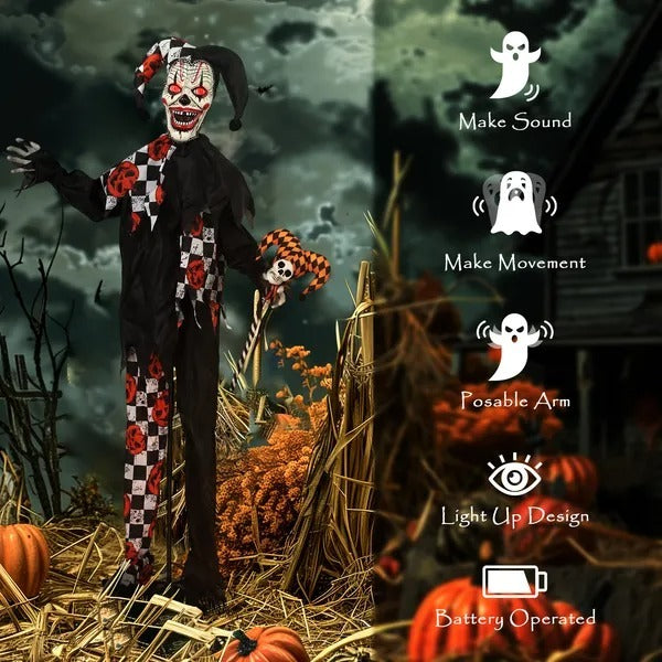 CA Local Life Size Halloween Animated Clown With Red Light Up Eyes, Sound Activated Scary Halloween Decorations, Battery Operated