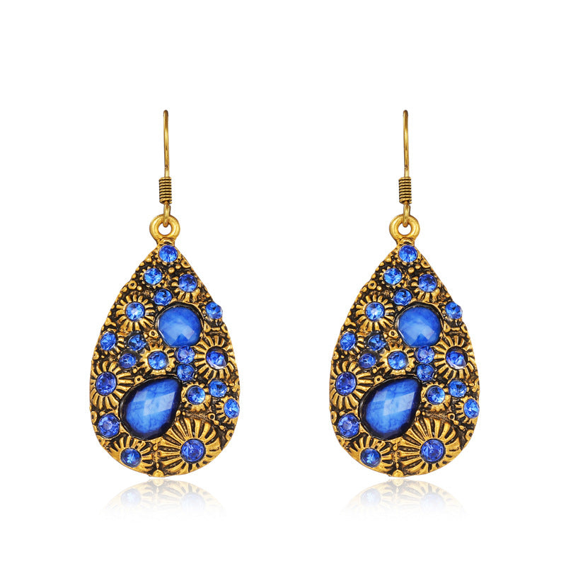 Water Drop Gem Diamond Ancient Ethnic Style Earrings Female Blue Black