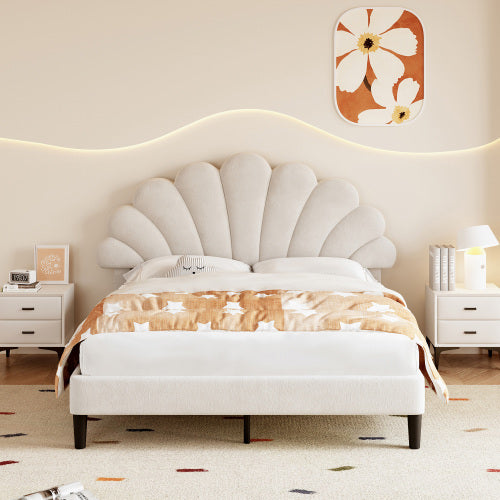 UK Local 4ft6 Double Upholstered Velvet Bed Frame, With Adjustable Chic Petal Headboard, Velvet Platform Bed Frame With Solid Wood Slat, No Box Spring Needed, Easy Assembly, Beige