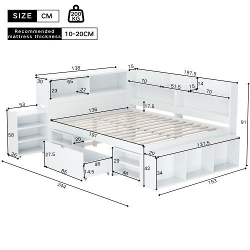 UK Local Children's Bed, Double Bed-4ft6 135x190cm Multifunctional Children's Bed With Drawers, Bookcase And Storage Cupboard, Large Storage Space, Slatted Frame, Without Mattress, White