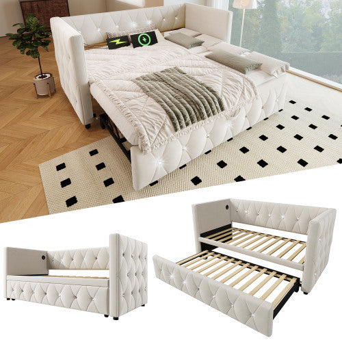 UK Local Daybed Single Upholstered Bed Sofa Bed With USB &Type C Charging Station, 3FT Single Bed 90 X 190 Cm With Trundle ,Pull Out Trundle For Living Room And Bedroom, Velvet