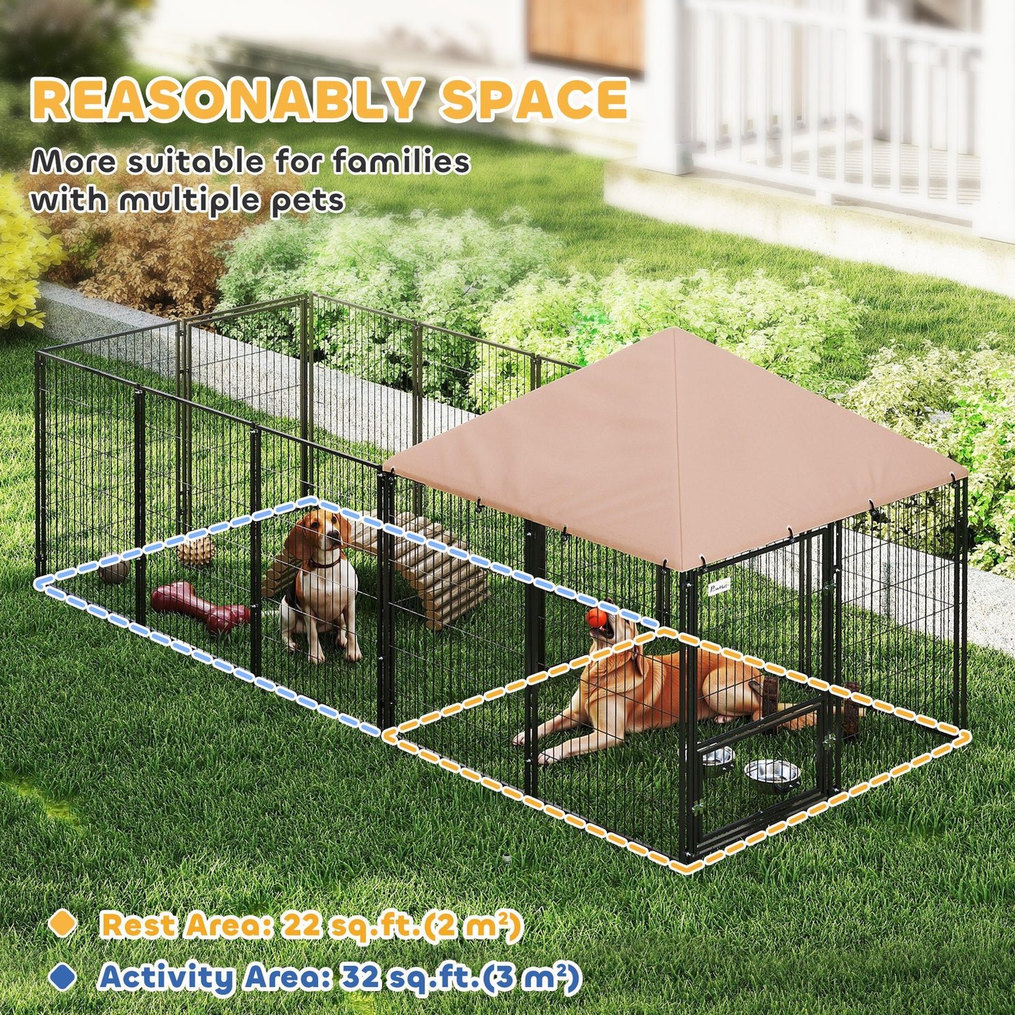 US Local Large Outdoor Dog Kennel With Rotating & Adjustable Height Bowls, Waterproof & UV-Resistant Canopy, 11.3 X 4.7 X 5.1