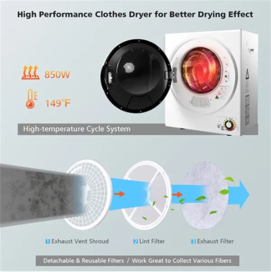 US Local 850W Compact Portable Clothes Dryer - 10 Lbs Wet Capacity, 5.5 Lbs Dry Load, Quiet Design For Apartments Dorms