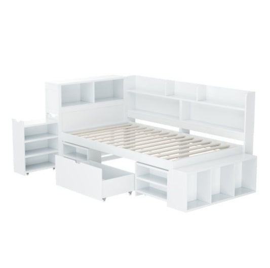 UK Local Children's Bed, Single Bed-3ft 90x190cm, Single Bed, Multifunctional Children's Bed With Drawers, Bookcase And Storage Cupboard, Large Storage Space, Slatted Frame, Without Mattress, White