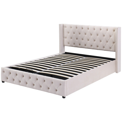 UK Local Upholstered Bed, 135x190, With Hydraulic Lever, Functional Bed From Storage,velvet, Beige