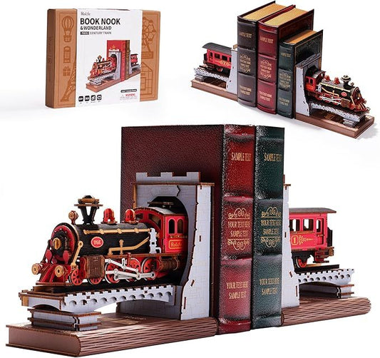 US Local ROBOTIME Book Nook Book Ends Kits Century Train DIY Booknook 3D Wooden Puzzle Model Kit Bookend Bookshelf Decoration Gifts For Adults Kids Teens