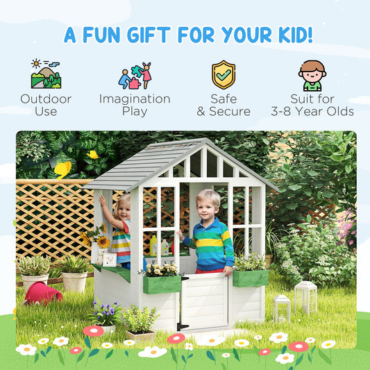 US Local Kids Wooden Playhouse, Outdoor Garden Games Cottage with Flowers Pot Holder, Working Door, Windows, White