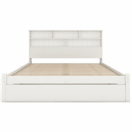 UK Local Bed With Shelves, White Wooden Storage Bed, Underbed Drawer - 4ft6 Double 135 X 190 Cm