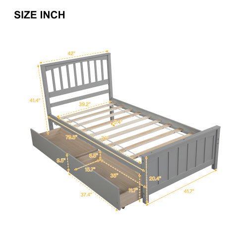 US Local Twin Size Platform Bed With Two Drawers, Gray