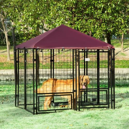 US Local Outdoor Kennel With Rotating Bowl Rack, Walk-in Pet Playpen, Welded Wire Steel Dog Pen, With Waterproof And UV Resistant Awning