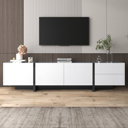 UK Local TV Cabinet, Low Panel With Colorblocked Legs In High-gloss White And Black, With Doors And Drawers, Doors With Shelves. Simple Line Design.