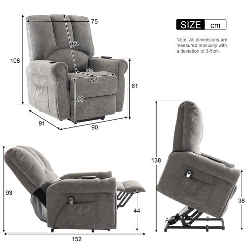 UK Local Electric Lift Grey Senior Chair - Single Motor, Heated Massage, Stand Assist, Storage Pockets, Cup Holders