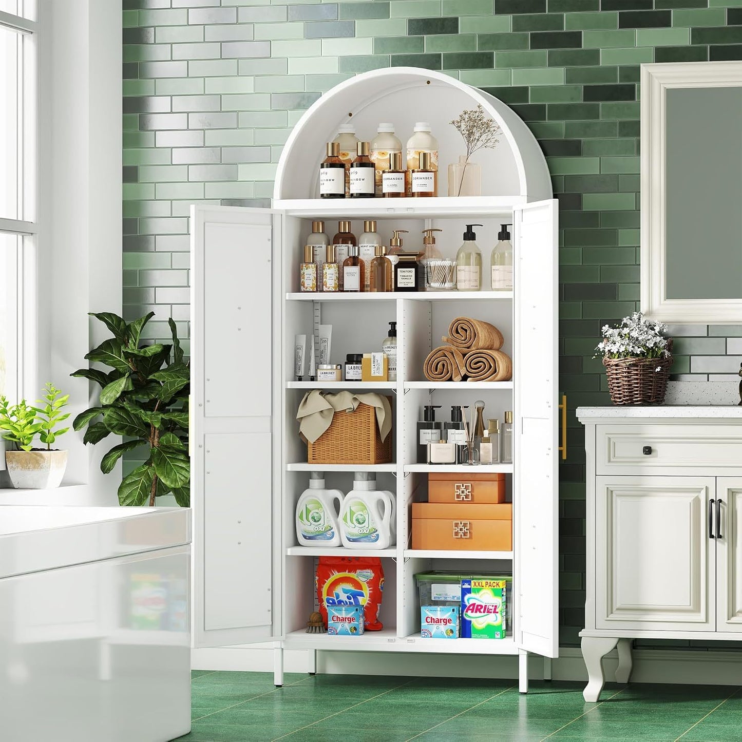 US Local Tall Kitchen Pantry Cabinet, Arched Storage Cabinet With Doors And Adjustable Shelves, White Freestanding Cupboard For Laundry, Dining Room, Living Room, Bathroom