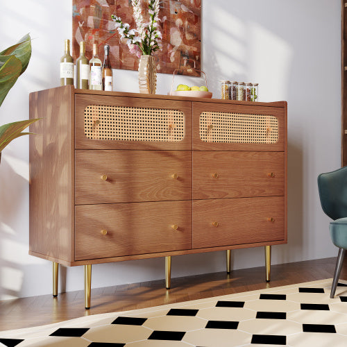 UK Local Rattan Sideboard Cabinet For Living Room, Chest Of Drawers With 6 Drawers, Walnut -40D X 120W X 90H Centimetres