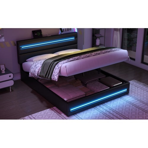 UK Local 4ft6 Double Upholstered Bed Frame With Hydraulic Storage, PU Ottoman Bed With LED Lighting And Charging Station, LED Adjustable Headboard With USB And Type - C Ports, Black