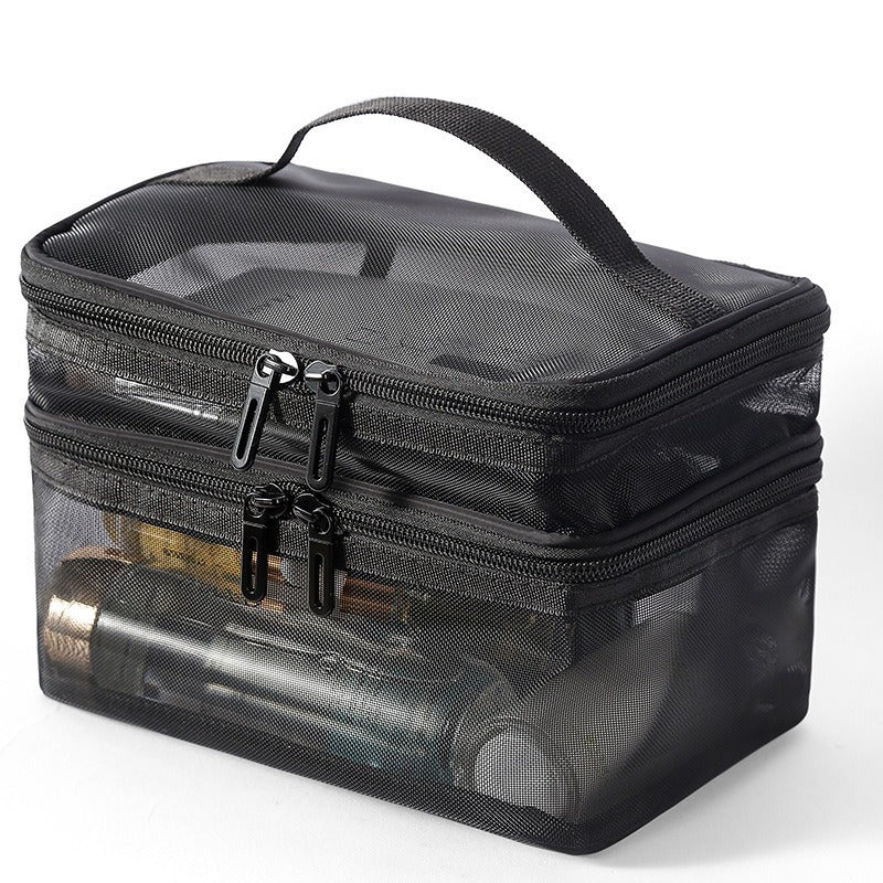 US Local 2pcs Double Layer Mesh Yarn Toiletry Bag Portable Travel Cosmetic Storage Bag In Black And Grey For Business Trips Large Capacity Travel Cosmetic Storage Bag