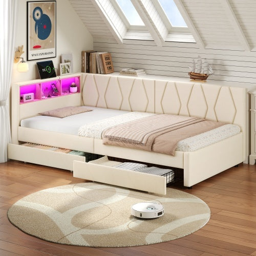UK Local 3ft Single Daybed With Two Storage Drawers, LED Modern Bed Frame With Charging Station, Linen Sofa Bed For Living Room Bedroom Study Room, 90X190cm, Easy Assembly, Beige