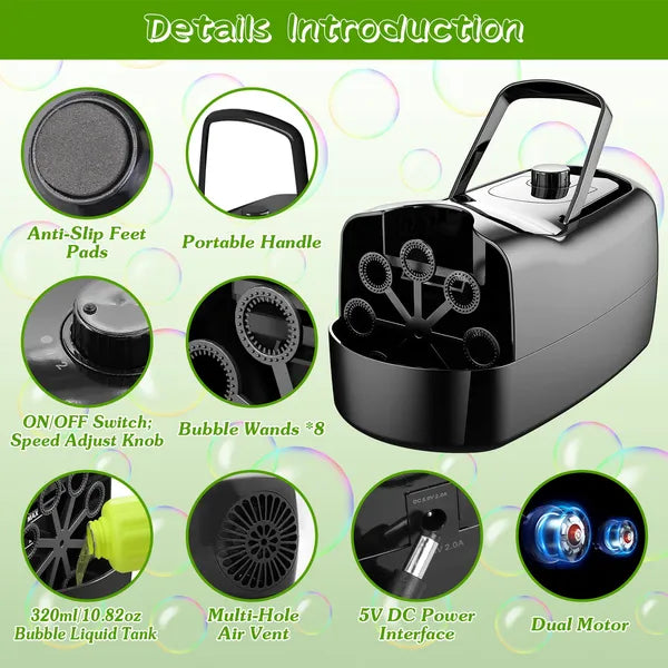 US Local Bubble Maker Automatic Bubble Blower Portable Bubble Blowing Machine With 2 Speeds Handle 3000-4000 Bubbles Per Minute Plug-In Battery Powered