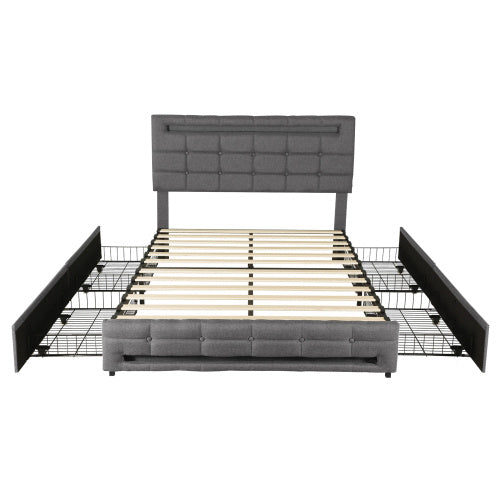 UK Local 4ft6 Double Upholstered Bed With LED Lighting And Storage Drawers, Linen Fabric Storage Bed Frame With Adjustable Button Tufted Headboard, No Box Spring Needed, Easy Assembly, Grey