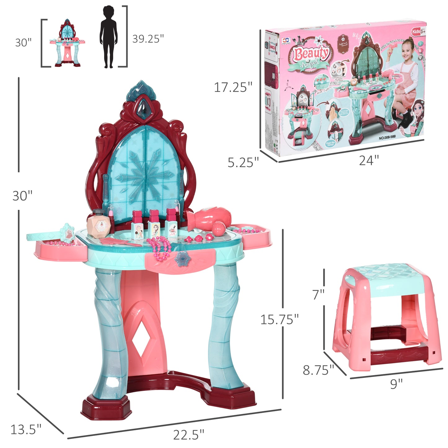 US Local Kids Vanity Set with Self-Opening Magic Mirror