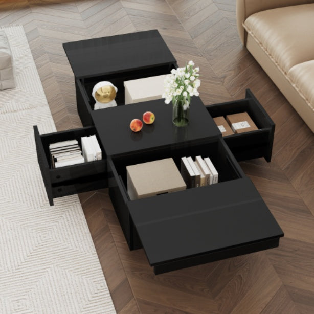UK Local Coffee Table, Black High-Gloss Living Room Table With Push-Pull Storage Structure, Double-Sided Drawers