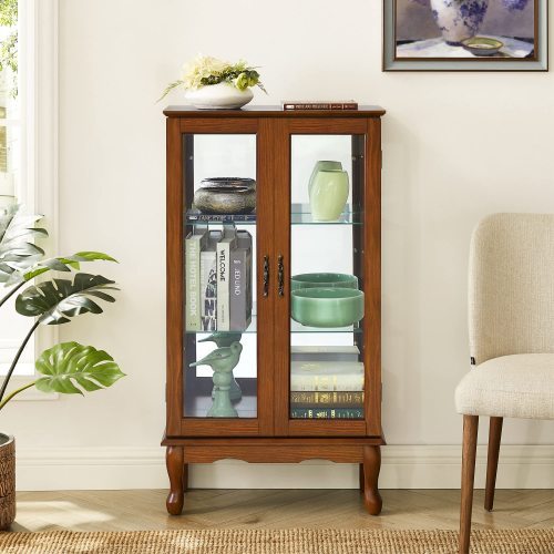 US Local Curio Cabinet Lighted Curio Diapaly Cabinet With Adjustable Shelves And Mirrored Back Panel, Tempered Glass Doors