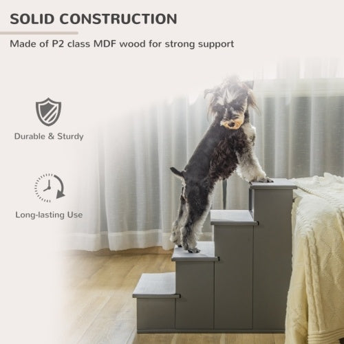 UK Local PawHut 4 Step Wooden Dog Steps Pet Stairs For Dogs, Cat Ladder For Bed Couch With Non-Slip Carpet 40 X 59 X 54.2 Cm, Grey