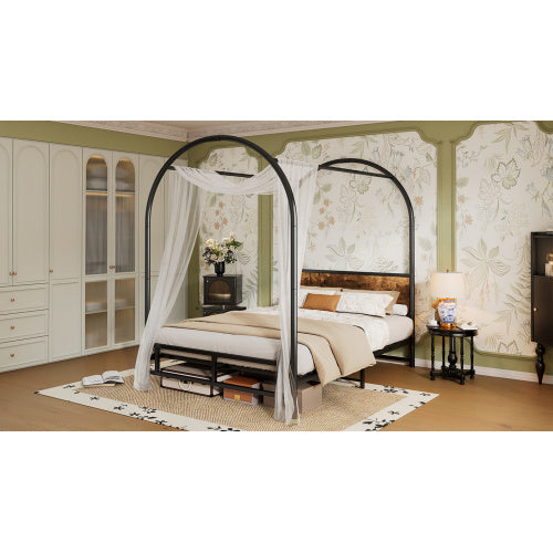 UK Local Metal Bed, 4ft6 Double Bed 135x190cm, Durable And Sturdy, Canopy Twin Bed, Iron Bed For Adults Teenagers, Black Wood Color Bed Frame Only Drape Not Included