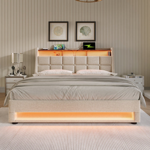 UK Local Upholstered Double Bed 135 X 190 Cm With LED Lighting, USB Type-C Charging Function, Storage Headboard, 4FT6 Double Bed Storage Bed Frame With Metal Slatted Frame, Linen, Beige No Mattress