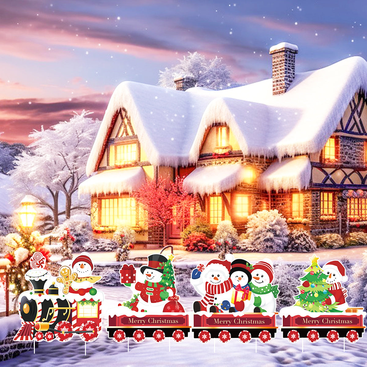 US Local 4 Pack Christmas Yard Signs With Plastic Stakes Xmas Train Snowman Christmas Tree Gift Lawn Signs For Yard Fence Garden Lawn Xmas Holiday Outside Decoration Supplies