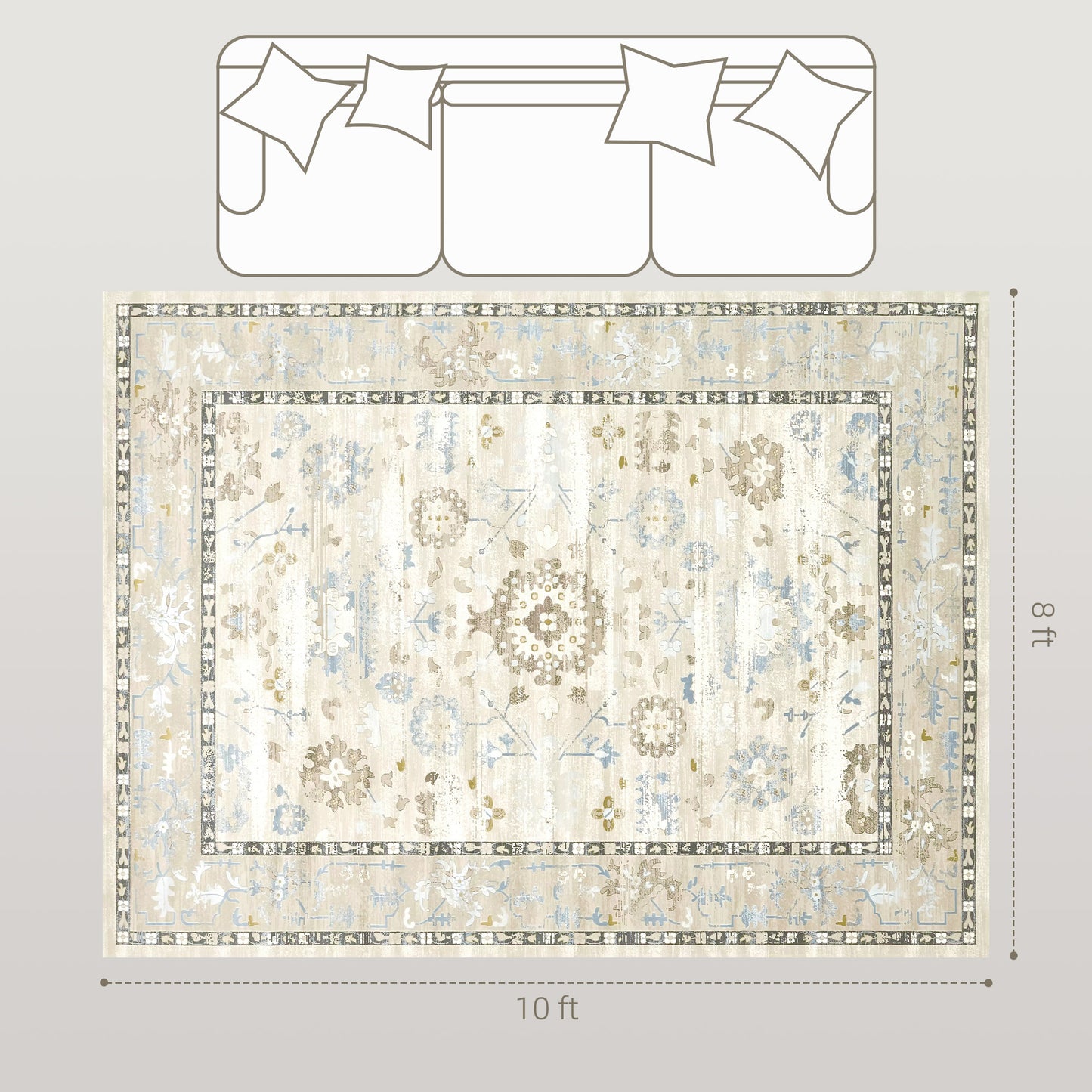 8x10 Area Rug, Indoor Boho Machine Washable Carpet For Living Room, Bedroom, Dining Room, Kitchen, Blue