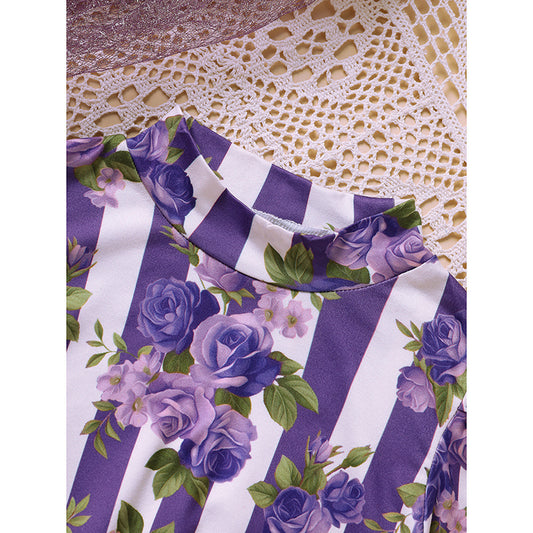US Local Toddler Girl Purple Rose Print Girls Outfit, Spring Fall Stripe Top With Belt Skirts Set Holiday Going Out Clothes