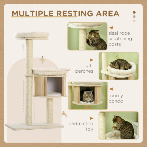 US Local PawHut 3 Level Cat Tree With Sisal Scratching Posts Cat Badminton Toy For Playing Soft Cushions Play Areas