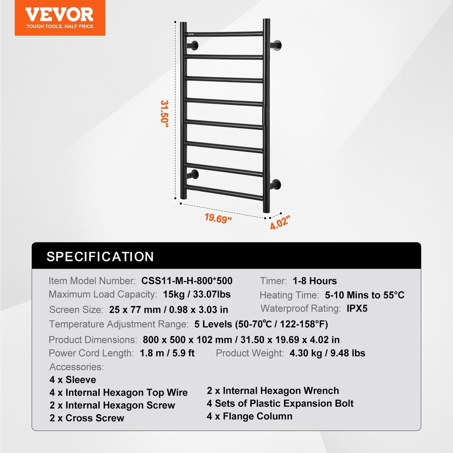 US Local VEVOR 8 Bars Towel Warmer Rack Wall Mounted Heated Towel Rack For Bathroom Black
