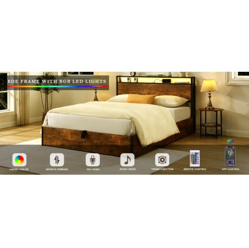 US Local Wooden Platform Bed Frame With Lifting And Charging Station