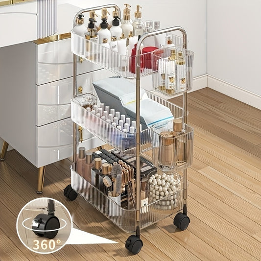US Local Modern Storage Three-Tier Acrylic Cosmetic Cart With Wheels - Transparent Bathroom And Living Room Storage, Portable Cosmetic Storage Box