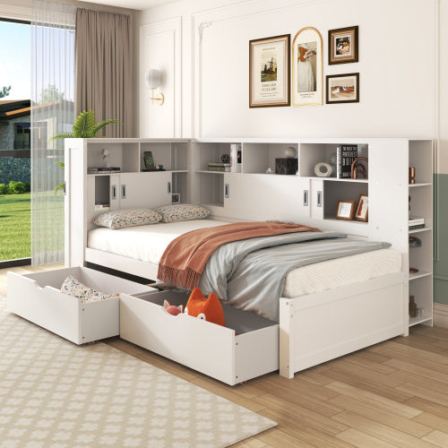 UK Local Platform Bed With Trundle Bookcase USB,Single Bed-3ft 90x190cm,Household Bed, Multifunctional Bed,with 2 Storage Drawers, Dust-proof Cabinet And Shelves, Large Storage Space,white