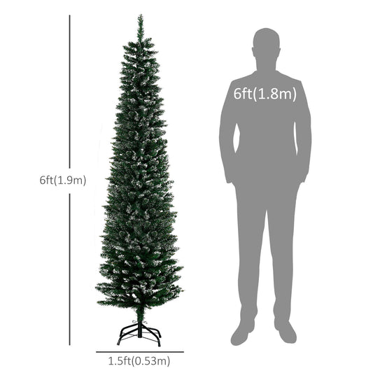 CA Local 6 ft Artificial Snow Dipped Christmas Tree Xmas Pencil Tree Holiday Home Indoor Decoration With Foldable Black Stand, Green